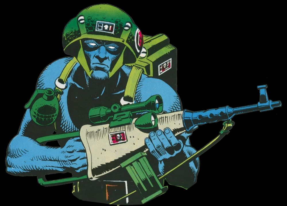Rogue Trooper with his bio-chip companions Helm, Gunnar and Bagman
