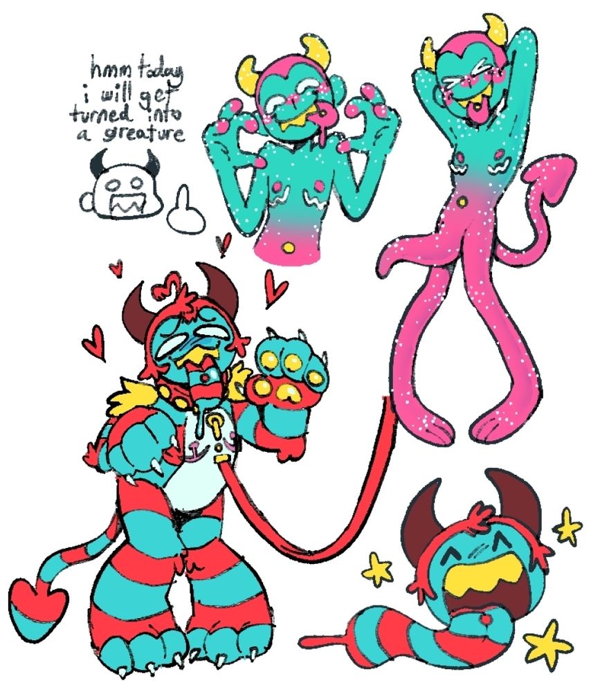 a page of nsfw drawings of an original character named eris, a scrawny transmasc demon with buzzed hair. on the right is xir with xir body made of teal and pink gummy worm material and a pink tentacle-like t-dick. on the left is her as a rawr, a fuzzy teal and red striped monster with large paws and a long striped tongue. she is being held on a leash