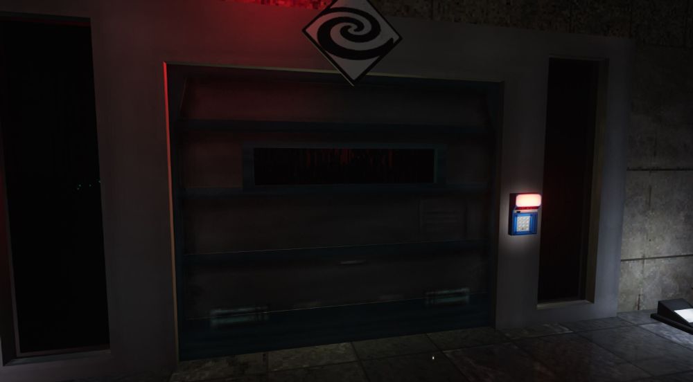 A screenshot of a blue blast door to the Home World portal hub. It now has a keypad hacker indicating it can't be unlocked immediately.