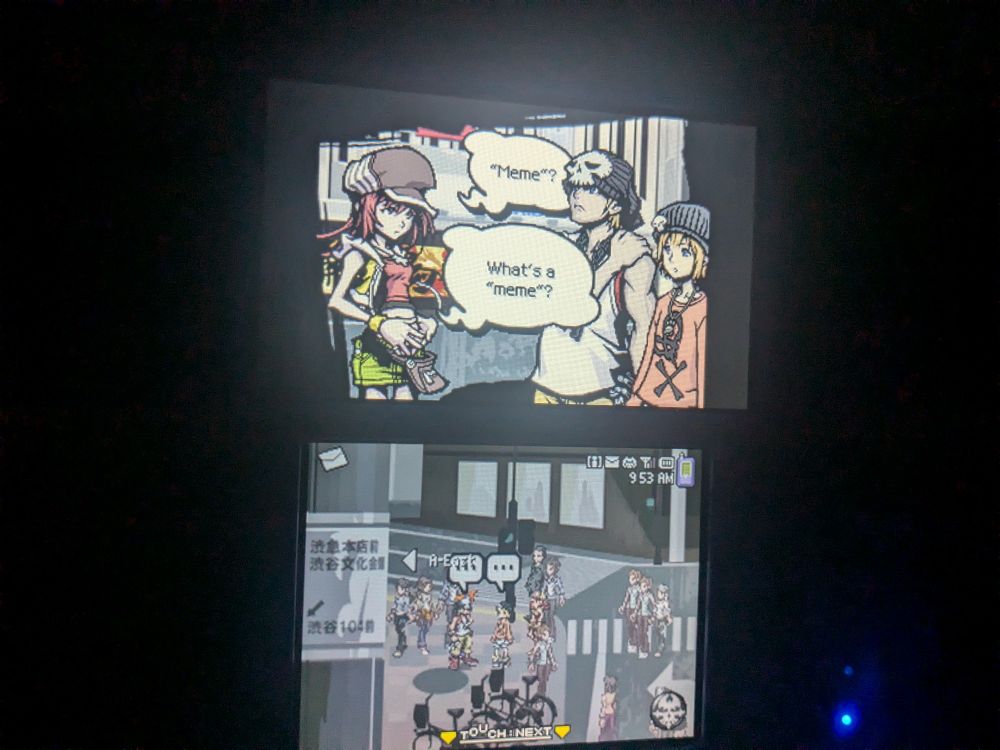 Text from The World Ends with You on the Nintendo DS

"'Meme'?"

"What's a 'meme'?"
