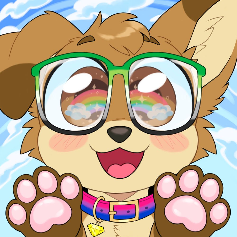 A drawing of Doggo with a happy expression, holding his handpaws to the camera. His glasses are colored with the Demisexual pride flag, while his collar is of the Bisexual flag.