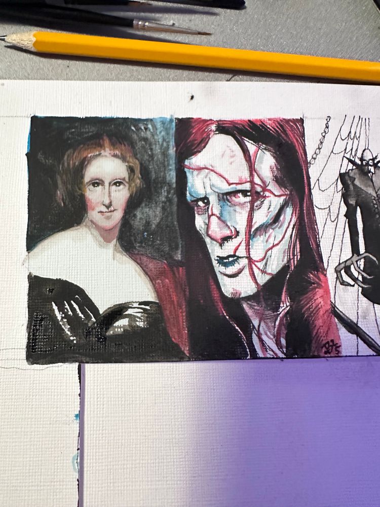 Tiny watercolour paintings of Mary Shelley, Jacob Elordi as Frankenstein’s Monster, Nosferatu