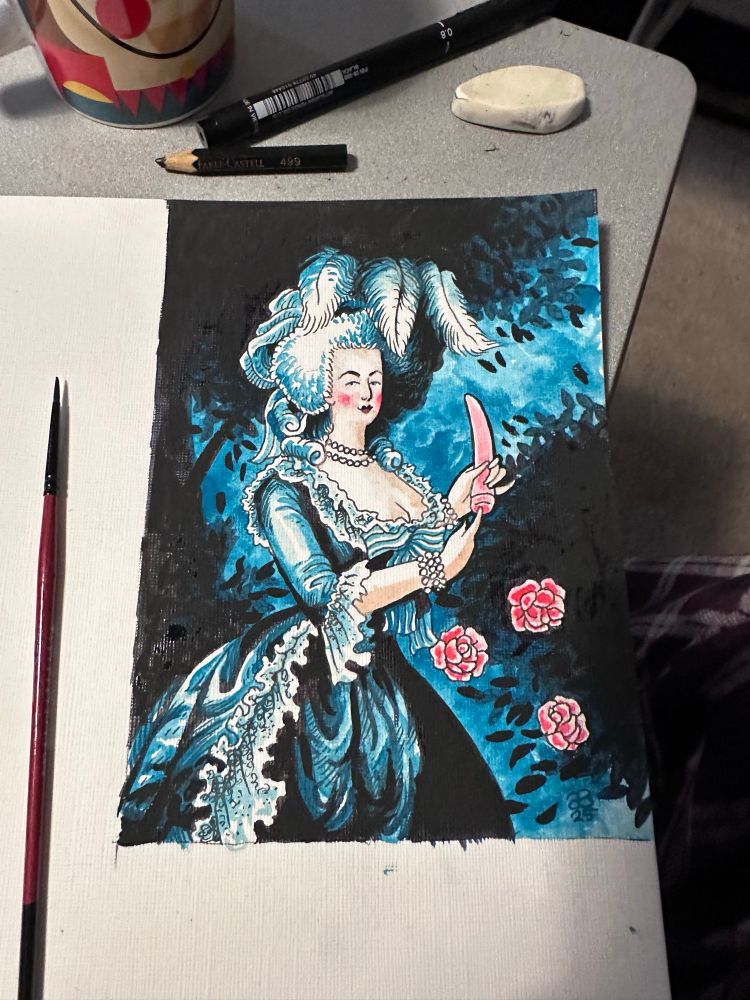 Watercolor and ink illustration of Marie Antoinette holding a vibrator painted in black, blue and pink