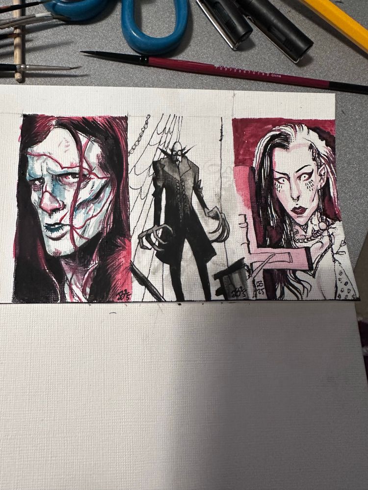 Tiny watercolour paintings of Jacob Elordi as Frankenstein’s Monster, Nosferatu and my lovely Friend Xy