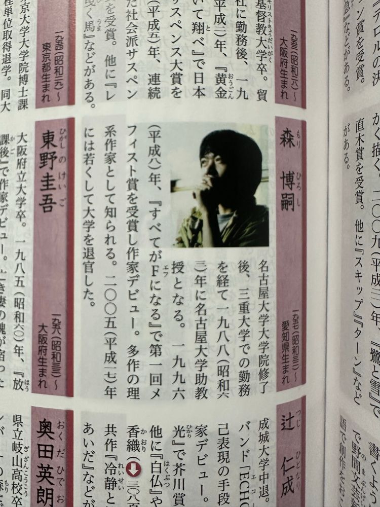 国語便覧に載っていた森博嗣の説明。名古屋大学大学院修了後、三重大学での勤務を経て1998年に名古屋大学助教授となる。1996年、「すべてがFになる」で第一回メフィスト賞を受賞し作家デビュー。多作の理系作家として知られる。2005年には若くして大学を退官した。と記載されている。