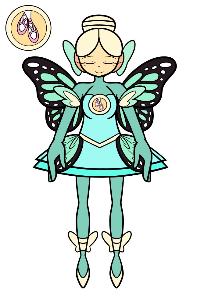 A butterfly-themed ballerina featuring butterfly wings similar to a monarch butterfly's and an emblem featuring two dancing ballet slippers on her chest.