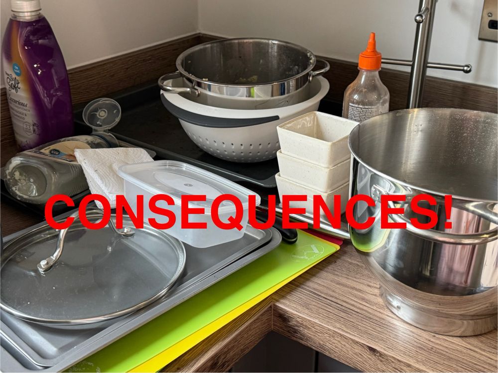 A sea of unwashed dishes stretches as far as the eye can see. Well, at least to the back of the worktop. Text in the middle says “CONSEQUENCES!”