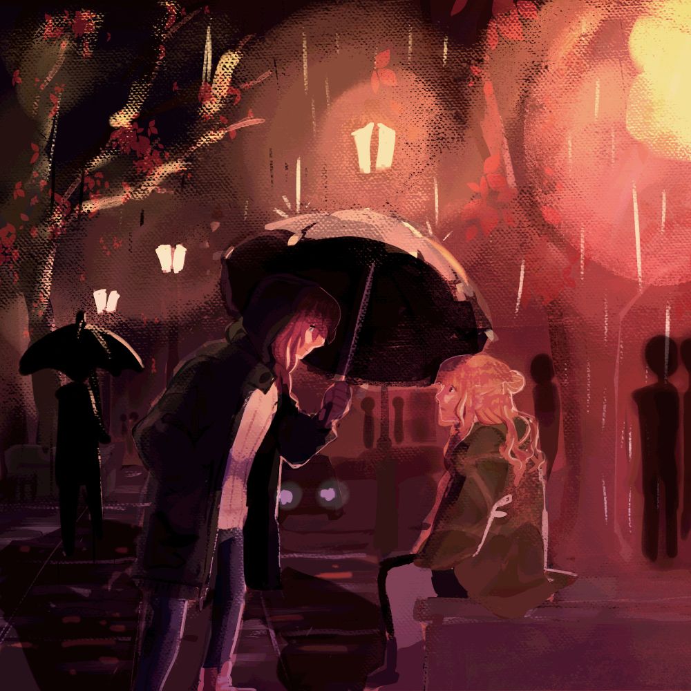 rainy autumn scene at night with glowy orange streetlights illuminating the street. a brunette woman in a blue jacket is offering a blonde woman in a green jacket to get under her umbrella with her