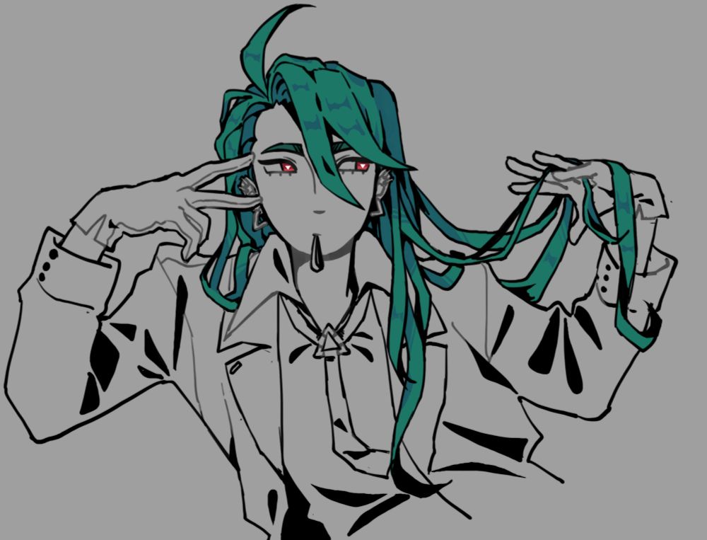 rika from pokemon leaning on her elbow and dragging her hand through her hair. its mostly black and white lineart with only hair and eyes colored in