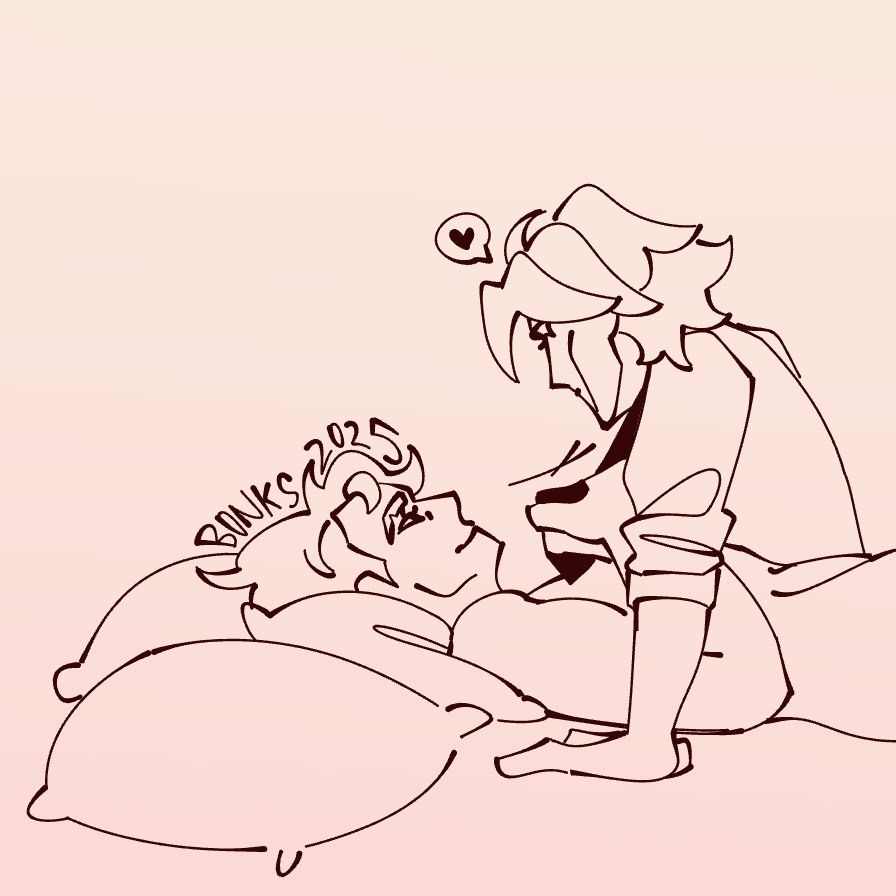 s1 jayce is lying down naked with his head on a pile of three pillows. s1 viktor is in a dress shirt and black tie and is sitting next to him. viktor is leaning over and looking at jayce but his face is turned away from the viewer. jayce is pulling on viktor’s tie and smiling, presumably making eye contact with viktor. a speech bubble containing a heart is drawn over viktor’s head.