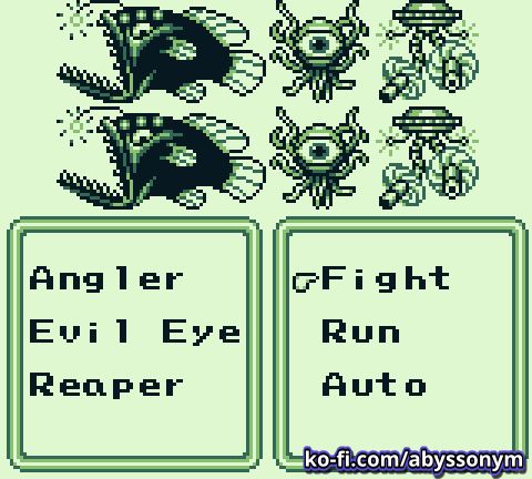 Final Fantasy Legend III: Screenshot of a randomized enemy formation including Anglers, Evil Eyes, and Reapers