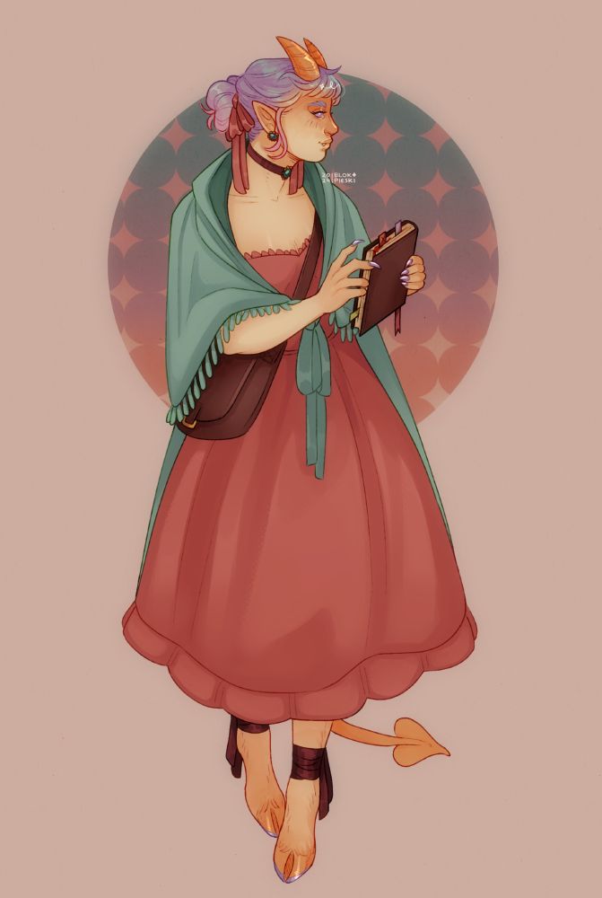 fullbody of a yellow female tiefling wearing pink dress and pastel green cape, she's holding a book.