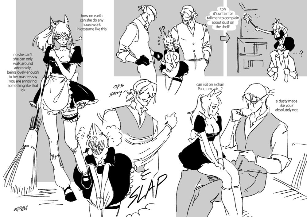 various sketches depicting arcelia in a maid dress while grinnaux and paulecrain bully her in different and predictable ways. 