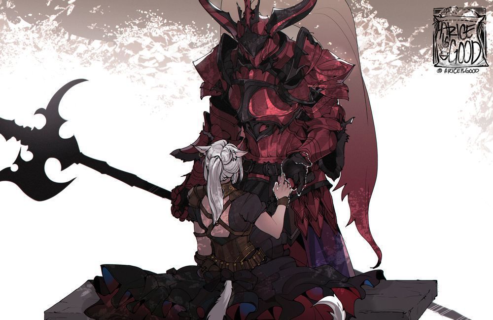 my miqo’te warrior of light, arcelia, sits with her back to the viewer, looking up at a primalified paulecrain. he holds winter in one hand and extends his other hand down towards her, which she hesitantly reaches for. 