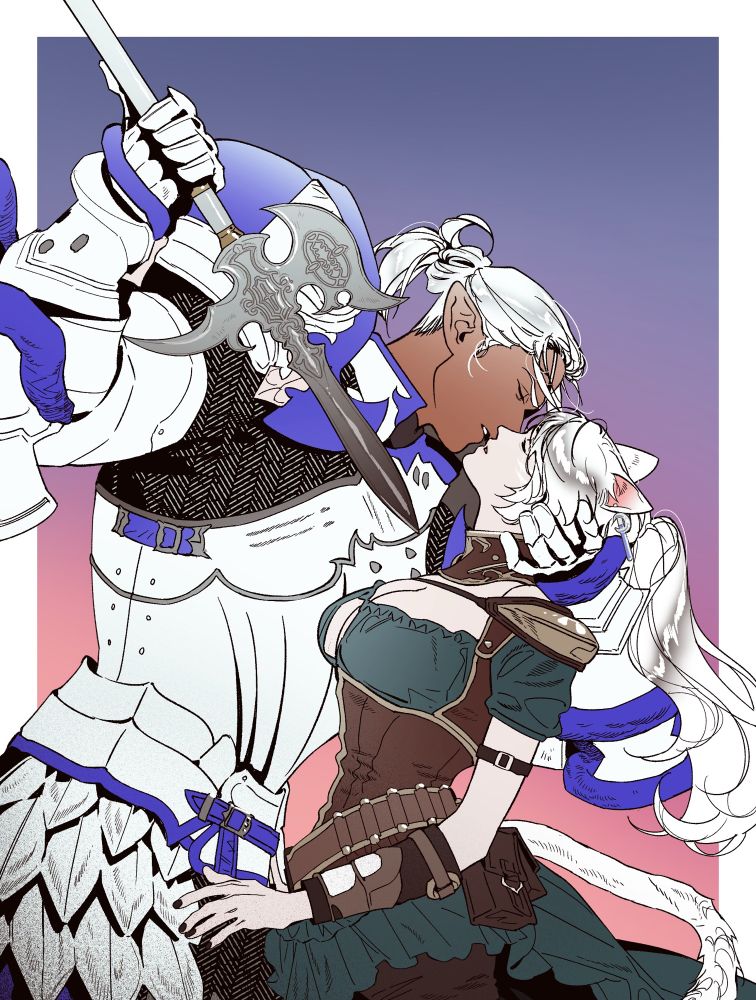 illustration of paulecrain and arcelia on the cusp of a kiss. paulecrain cradles her head in one hand; in the other, he holds his spear, poised to strike. 