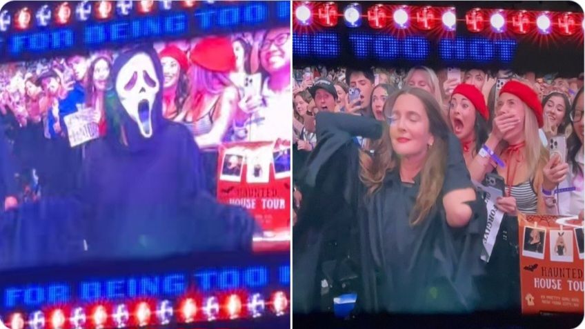screenshot of two images of drew barrymore at a concert. in the first image, she is dressed as ghostface from "SCREAM." in the second, she has taken the mask off and all the people look shocked and amazed