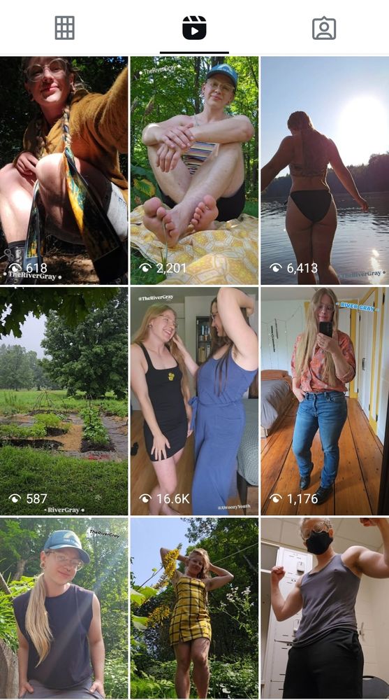 Screenshot of River's Instagram feed. 9 shots of River showing off outfits, showing off outside, showing off his garden, and a cute video with Rin @Awoozyyouth in the center. 