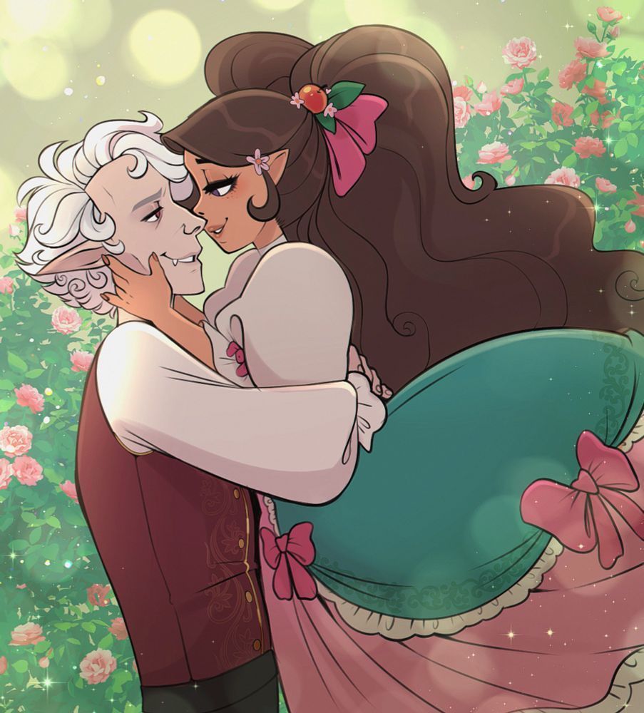 Astarion, a white-haired elven vampire, lifts Dandy, a brunette Halfling/Hobbit, up with his arms around her waist. She cups his face as they nuzzle each other. Art by @elfypeony.bsky.social