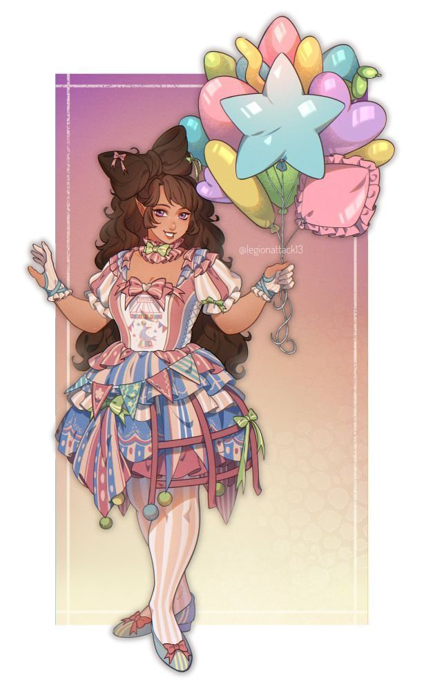 Dandy, a brunette, Hobbit/Halfing, wears a circus-themed pastel stage costume while holding a bunch of colourful balloons. Art: 
@legionattack13.bsky.social