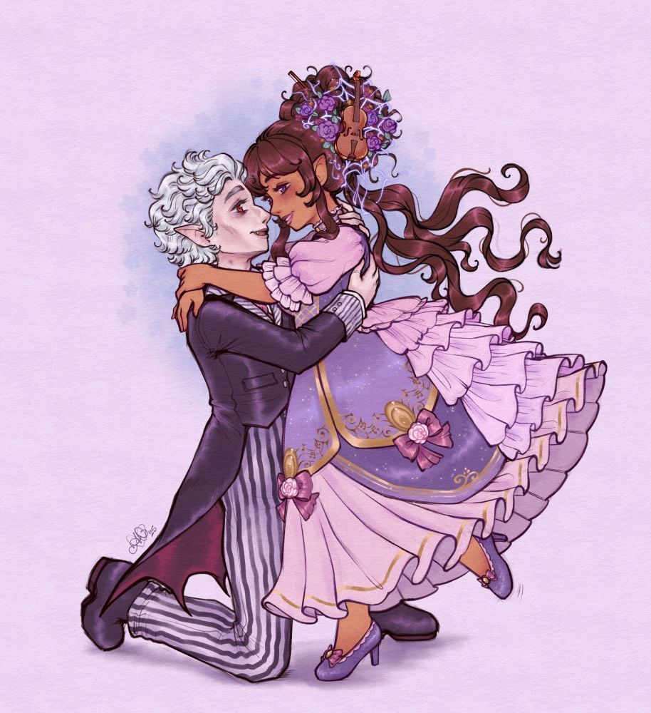 Astarion, knelt on one knee, wraps his arms around Dandy as they press their noses together. Art by @aprilovebird.bsky.social