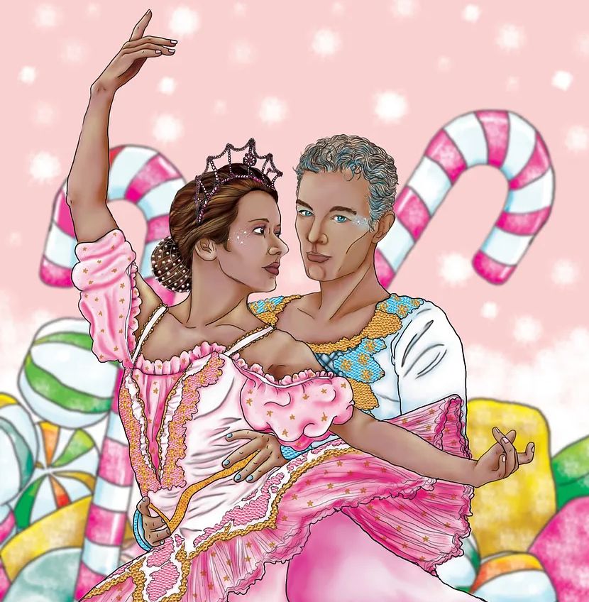 Fred Burkle as the Sugar Plum Fairy and Spike as her Cavalier. The background is filled with giant peppermint sticks and gumdrops. Art by me, @fenderlove
