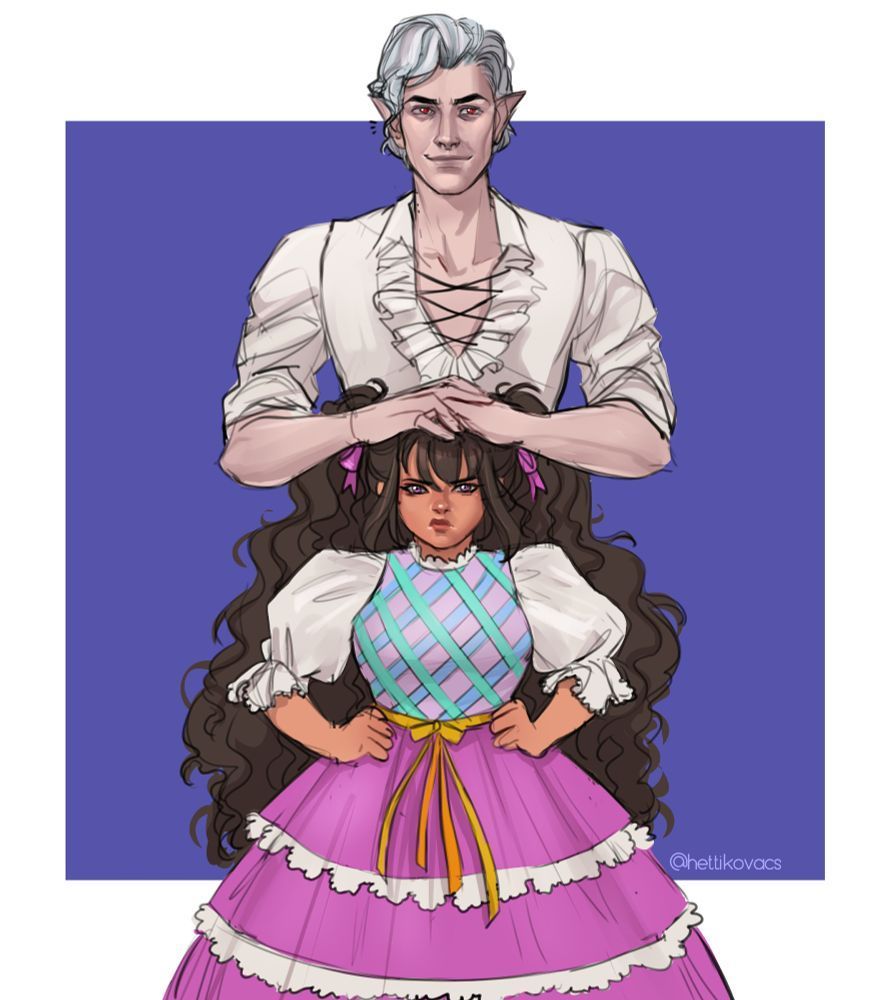 Astarion stands behind Dandy with his hands on top of her head, emphasizing her shortness. She has a grumpy expression and has her hands on her hips. Art by @hettikovacs