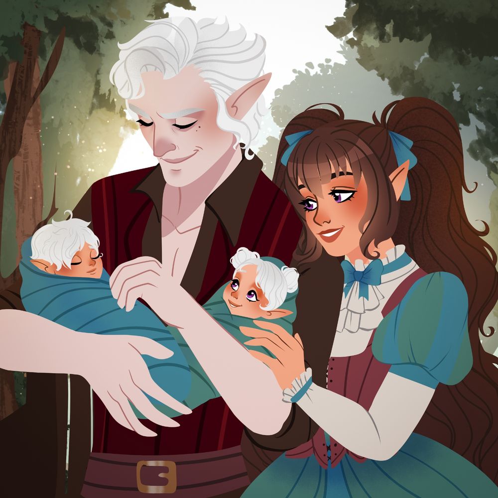 Dandy hugs Astarion's arm as he holds their swaddled twin babies -- Fionn and Mimi. Art by @astarfruity.bsky.social