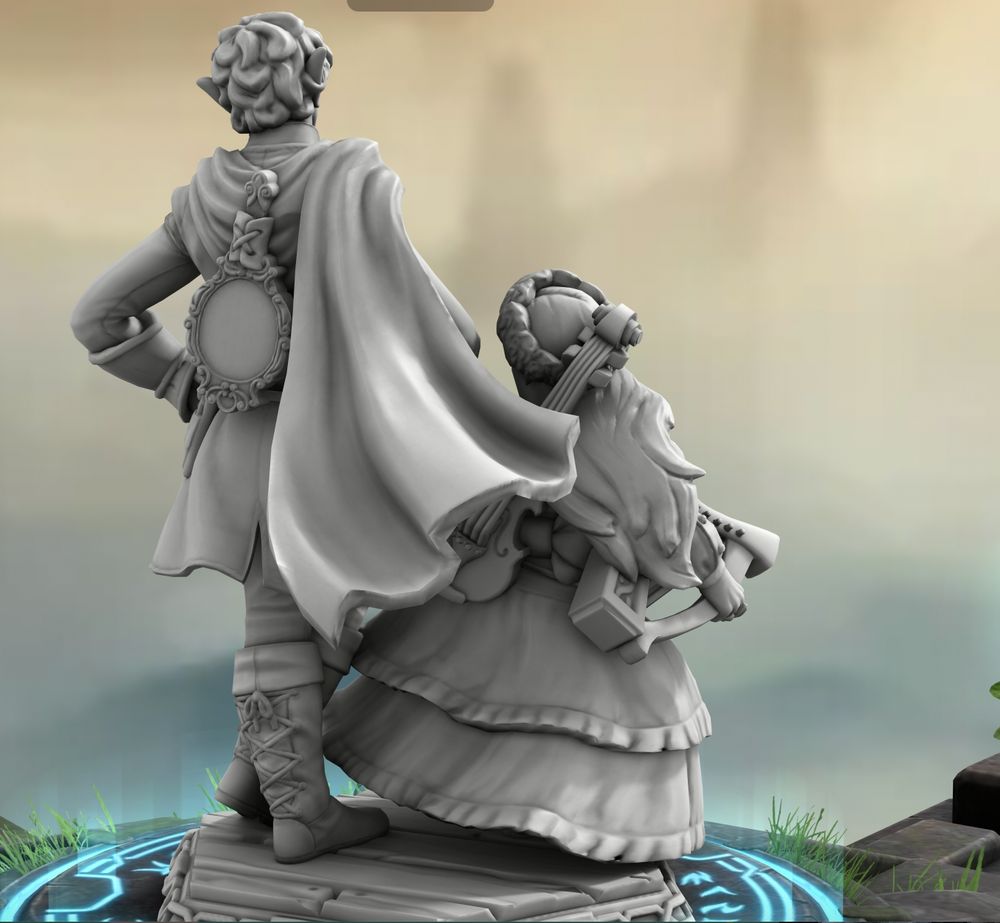 The same greyscale 3D model of Astarion, an Elf, and Dandy, a Halfling, holding hands from a different perspective. 