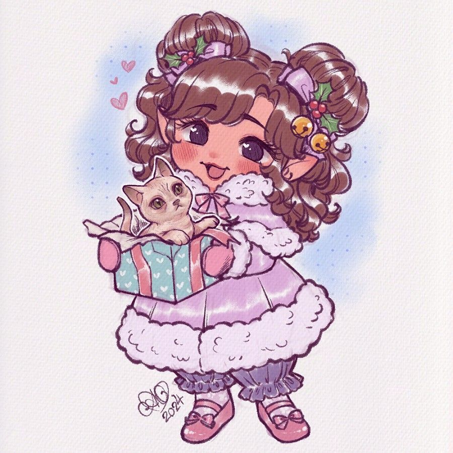 Dandy, a brunette Halfling with her hair in buns, is dressed in a purple winter cape as she holds an open present that contains His Majesty, a very bald and grumpy Sphynx cat. Art by @aprilovebird.bsky.social