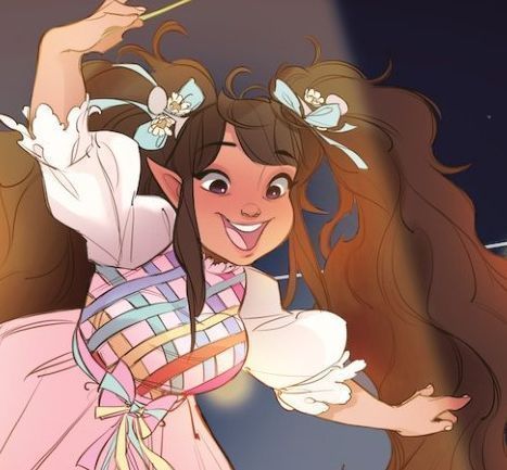 Dandy, a brunette Halfling/Hobbit in a pink pastel dress with lots of ribbons. Art by @pantaloonzzz