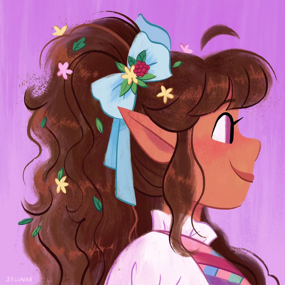 A profile illustration of Dandy, a Halfling with flowing flowery brunette hair, on a purple background. Art by @33lunas.bsky.social‬