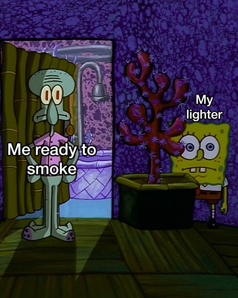 Squidward standing in his bathroom door and SpongeBob hiding behind a coral plant. 

Text: Me ready to smoke (over Squidward)
My lighter (over SpongeBob)