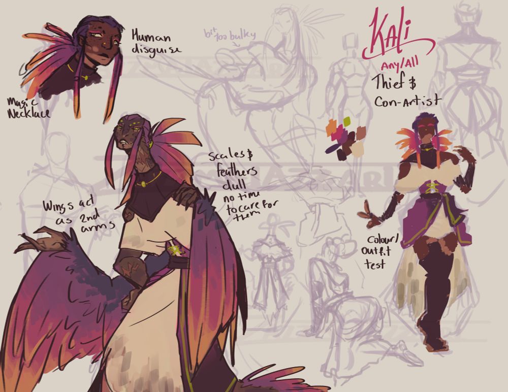 A page of digital doodles, some coloured some light sketchs, notes are dotted about. the note on the top right says ' Kali, Any/All, Thief/Con-Artist'.
The main colour doodle is in the bottom left corner and shows a feathered naga character with sunset coloured feathers looking as if they are annoyed while explaining something, waving a wing like arm dismissively. The note near this one say ' Wings act as 2nd arms', 'Scales and feathers dull, no time to care for them'. The coloured doodle on the top left is a head shot of a drak skinned human with vitiligo on his chin and the same sunset colouing for her hair as the serpents feathers, notes say 'magic necklace', 'Human diguise'
The last coloured sketch is a colour plan in the shape of Kali's human disguise and bloby colour swatch next to it, note says 'colour/outfit test'

The rest are faint rough sketches of naga and humanoid forms, rough ideas of the Kali's anatomy.