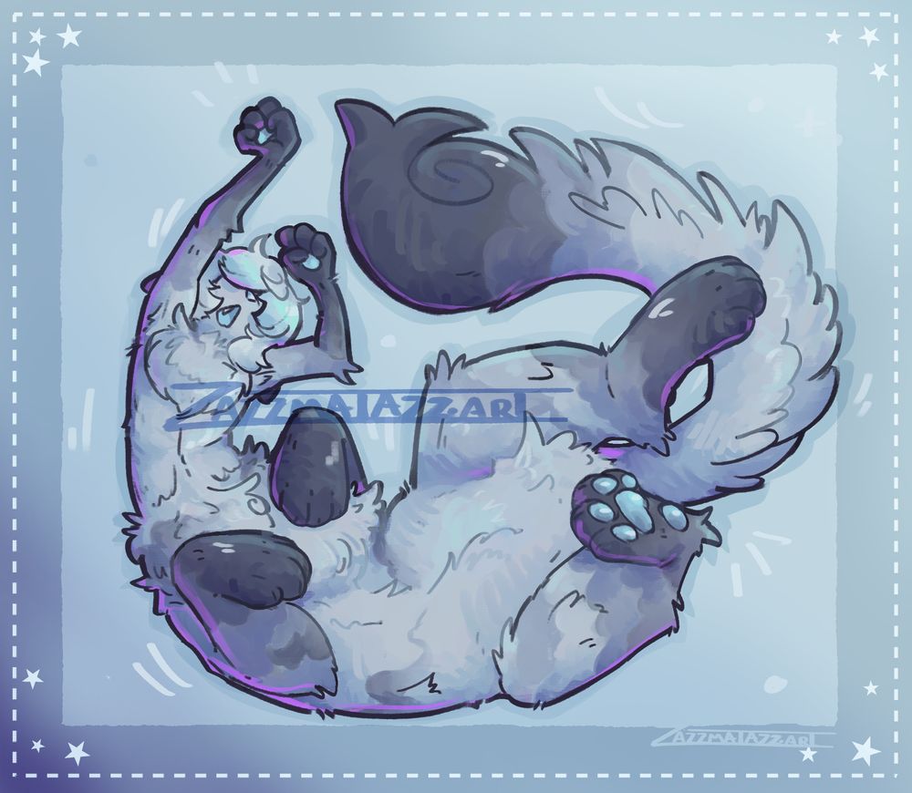 A digital art commisson of a cat taur furry character stretching and yawning while laying on its back in a curled pose, dark cloud patterns on their arms legs and tail.