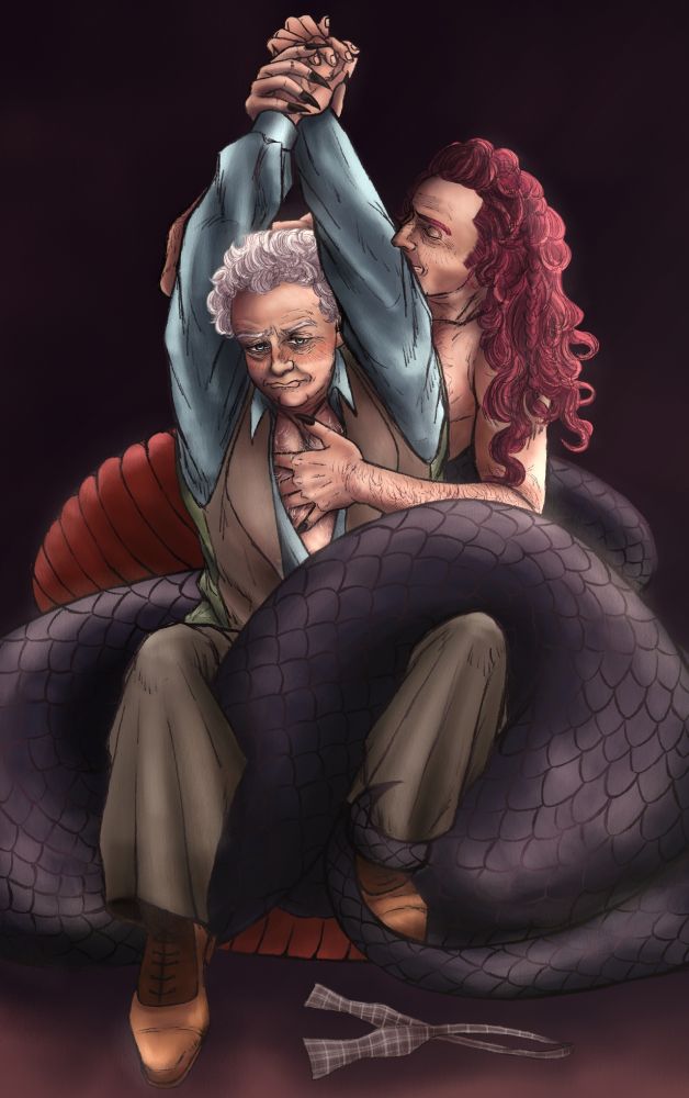 Crowley, in his Naga form, coils around Aziraphale, weighing down his legs and holding him down. One of Crowley's hands holds both of Aziraphale's hands above his head. The other hand is snaking into Aziraphale's open shirt, caressing his chest. 

Aziraphale is seated on Crowley's coil, held down near Crowley's upper body. He's pouting and blushing, trying not to show how much he enjoys the situation.