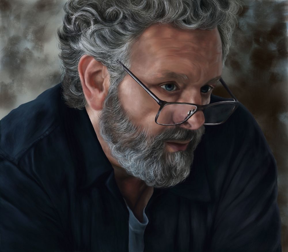 Digital painting of Michael Sheen with curly salt and pepper hair and a full beard, wearing glasses that rest low on his nose. He is dressed in a dark blue shirt over a lighter undershirt and is looking thoughtfully forward, with a soft, blurred background behind him