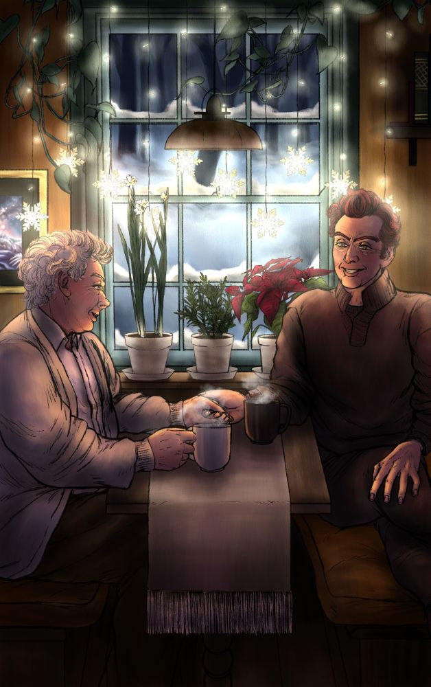 Aziraphale and Crowley are sitting at a small wooden table next to a large window in their cosy South Downs cottage. Aziraphale, dressed in a shirt and beige cardigan, smiles softly, as Crowley, dressed in a black turtleneck sweater, smiles back. They are holding hands over the table, beside two steaming mugs.  Warm string lights, including small snowflake shaped lamps hanging around the window, provide dim lighting for the room. The windowsill is lined with potted plants such as paperwhites, a poinsettia, and rosemary, with a Photos plant creeping and hanging above it, adding to the intimate, peaceful winter atmosphere. Outside, snow is piling up around the window frame.