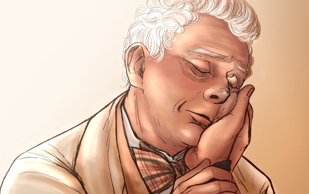 Aziraphale with his eyes closed, resting his cheek on Crowley’s hand. He looks content, finally allowing himself the intimacy that was previously forbidden.