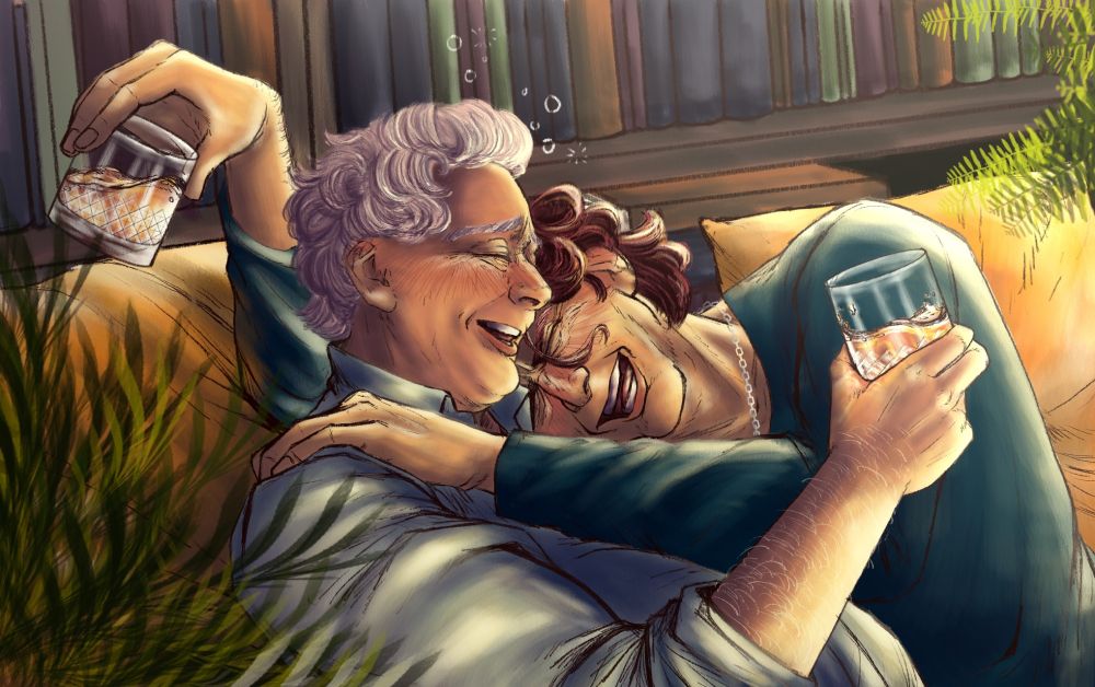 Professor Aziraphale and Professor Crowley curled up on a comfortable yellow couch, laughing and clearly drunk. Aziraphale holds his drink with a flushed smile, while Crowley leans in, grinning with his glass in hand. There are books and plants all around them.