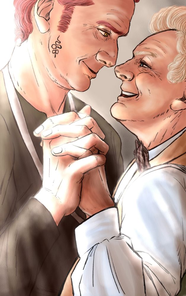 Aziraphale and Crowley stand close together, their foreheads almost touching, holding hands tenderly. Aziraphale is smiling and looking lovingly up at Crowley. Crowley's expression is warm and affectionate as he looks down at Aziraphale. They are illuminated by soft, warm light.