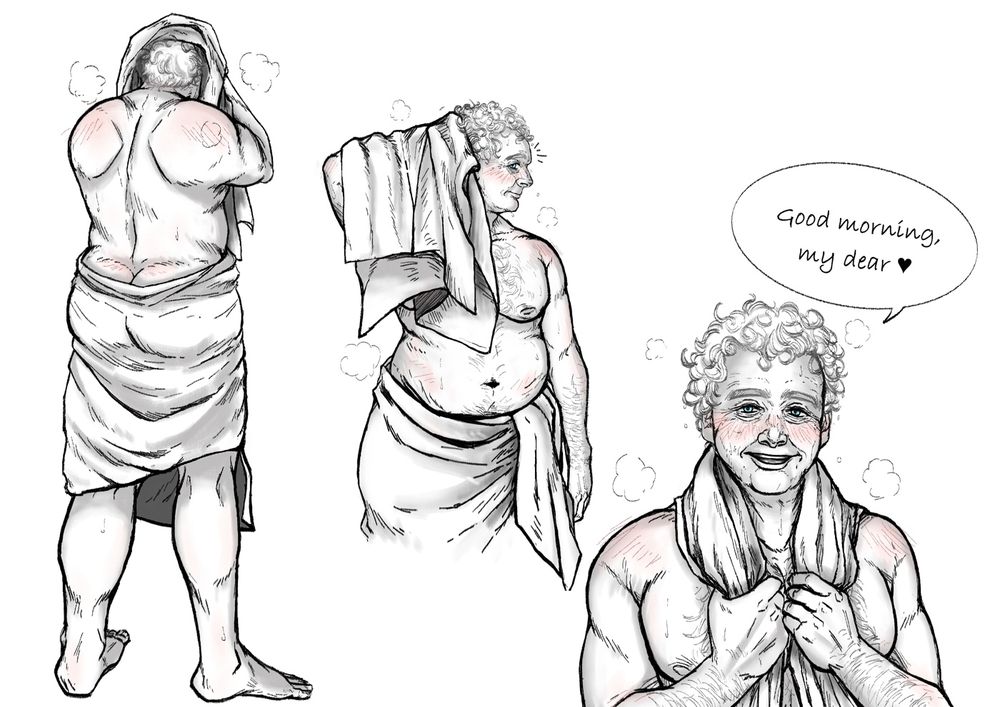A collage of images of Aziraphale with slightly pink skin after a hot shower. He has a soft, rounded body wrapped in a towel as he dries his curly hair. He turned slowly, noticed Crowley's stare, and smiled warmly, saying, "Good morning, my dear ♥." 