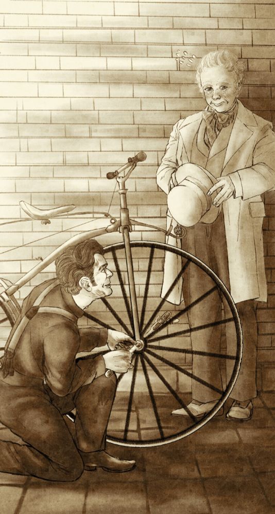 A sepia-toned illustration of Crowley and Aziraphale. Crowley, dressed in dark Victorian-style clothing, is kneeling to examine Aziraphale's velocipede. Aziraphale stands next to him, wearing a light-colored coat and cravat and holding a top hat. He appears flustered. They're standing in front of an old brick wall.