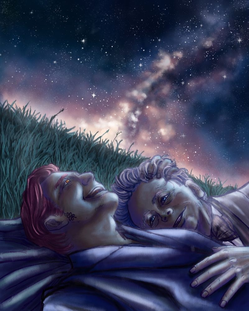 Crowley and Aziraphale lie together on a grassy hillside beneath a starry night sky. The Milky Way stretches across the horizon, casting a soft, ethereal glow over the scenery. Crowley smiles up at the stars, while Aziraphale rests his head on Crowley's shoulder and looks at him affectionately.