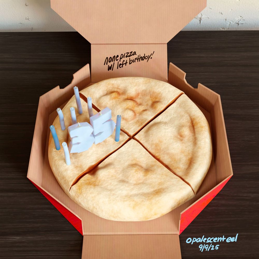 a 3d render of a naked pizza with no toppings in the style of none pizza with left beef. in place of left beef, there are left birthday candles, unlit. on the box scrawled in marker is 'none pizza with left birthday' 