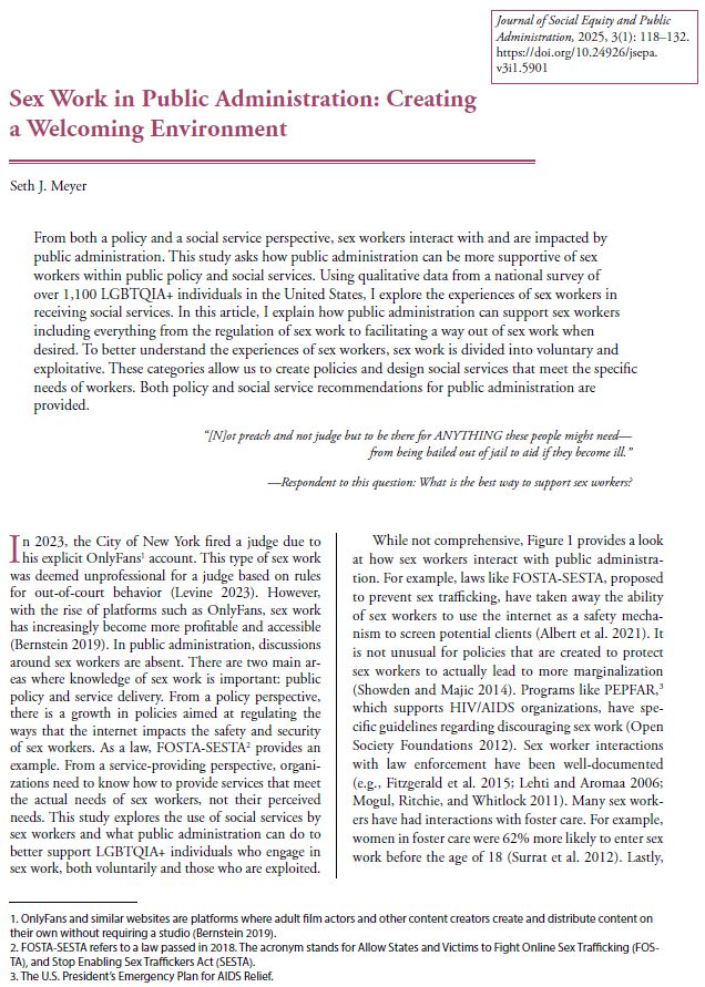 Screenshot of JSEPA Vol 3, Issue 1 - "Sex Work in Public Administration: Creating a Welcoming Environment" by Seth J. Meyer
https://doi.org/10.24926/jsepa.v3i1.5901 