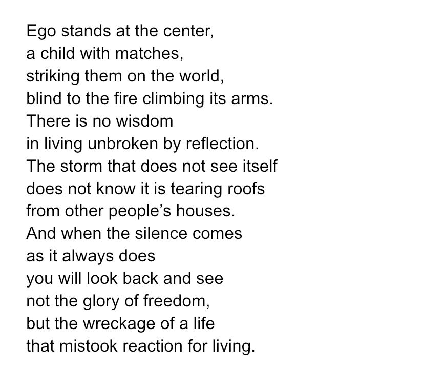 Ego stands at the center, a child with matches, striking them on the world, blind to the fire climbing its arms. There is no wisdom in living unbroken by reflection. The storm that does not see itself does not know it is tearing roofs from other people’s houses. And when the silence comes as it always does you will look back and see not the glory of freedom, but the wreckage of a life that mistook reaction for living. 