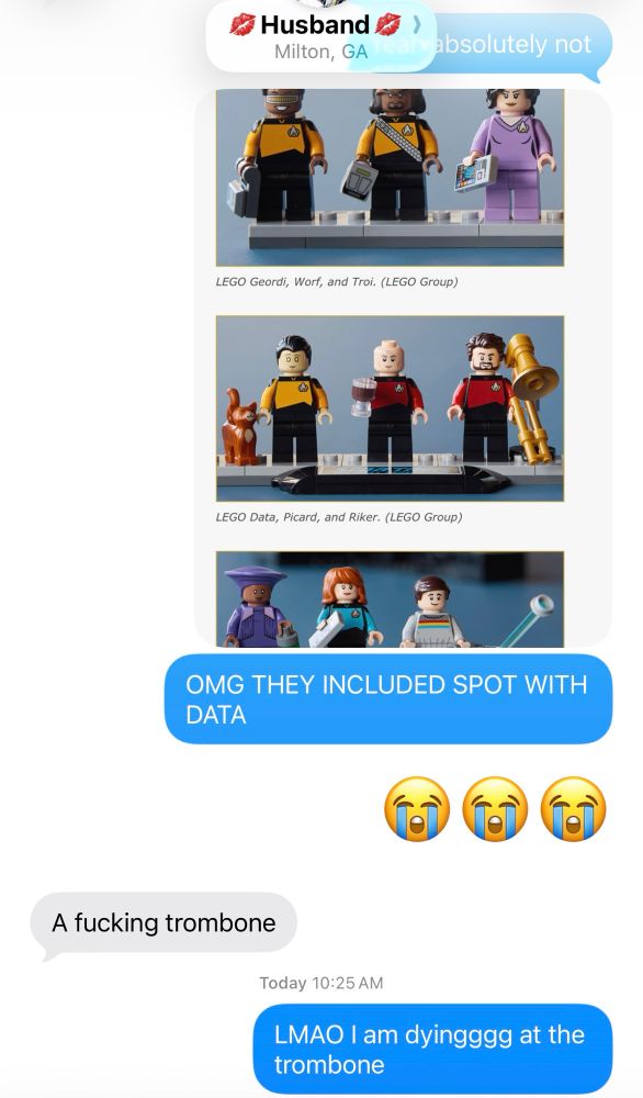 screenshot of a text conversation between my husband & me where we discuss the hilarity of Lego Riker coming with a little Lego trombone