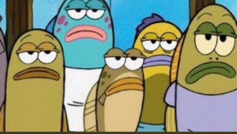 a crowd of characters from SpongeBob with blank expressions on their faces looking unimpressed