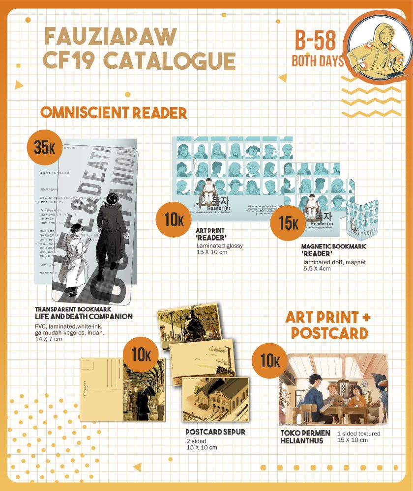 Transparent bookmark omniscient reader 35ribu, magnetic bookmark 15 ribu, dan art print juga postcard 10 ribu