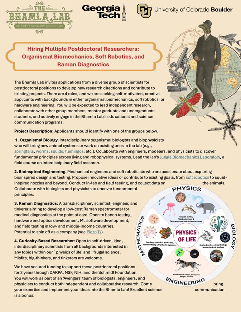 Recruitment poster for the Bhamla Lab. Top shows Georgia Tech and CU Boulder logos. Main headline: “Hiring Multiple Postdoctoral Researchers: Organismal Biomechanics, Soft Robotics, and Raman Diagnostics.” Left column lists four roles—Organismal Biology, Bioinspired Engineering, Raman Diagnostics, and a Curiosity‑Based slot—plus note of 3‑year funding from DARPA, NSF, NIH, and Schmidt. Right side features a vintage collage of a Victorian‑era scientist with robotic arm, insects, and globe, and a circular “Physics of Life” diagram linking biology, physics, engineering, and mathematics. Tan background, Bhamla Lab crest at top.
